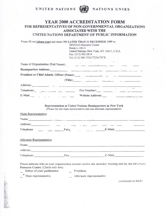 2000 Accreditation Form, page 1 of 2